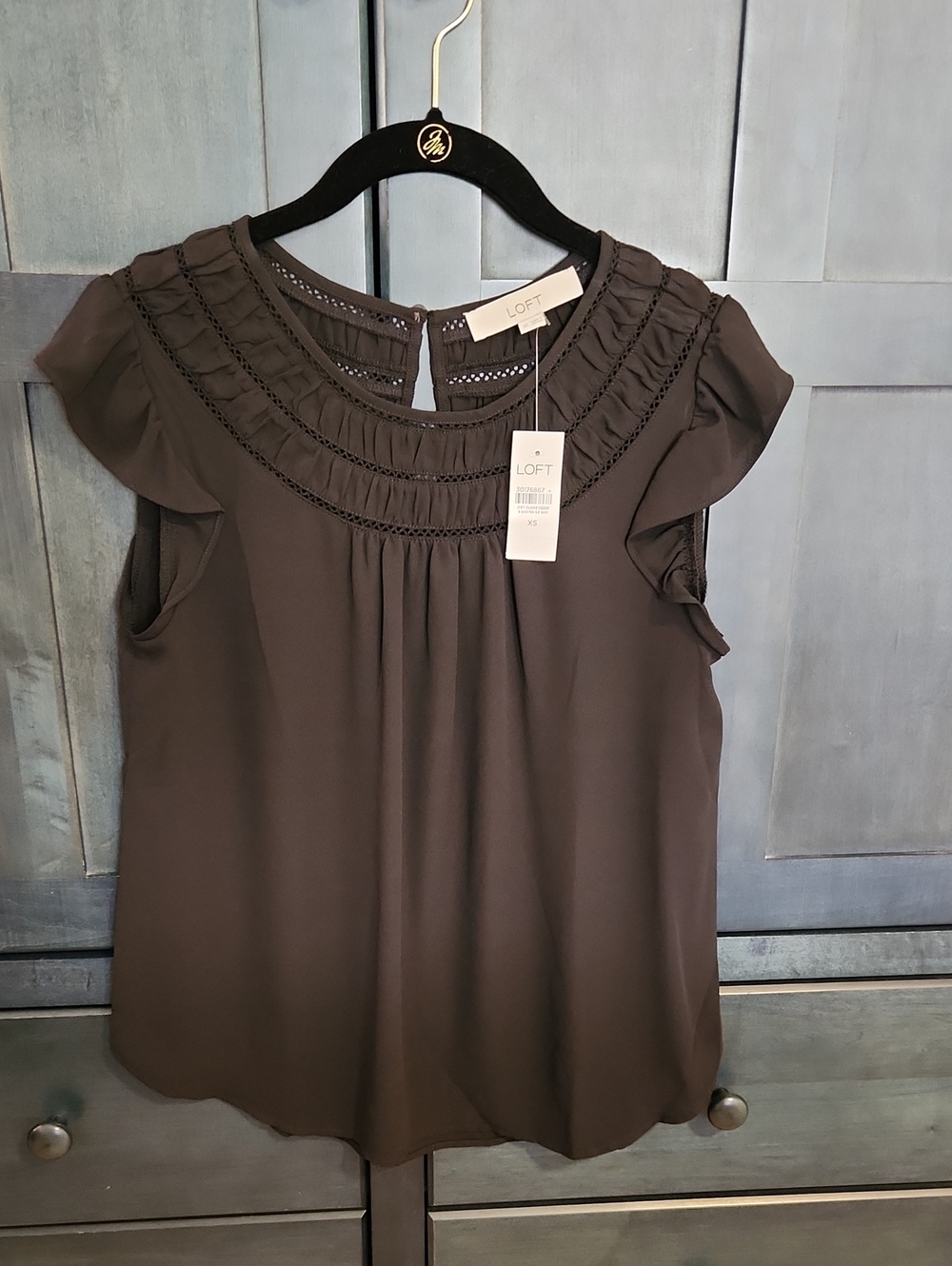 LOFT Black Ruffle Yoke Cap-Sleeve Blouse